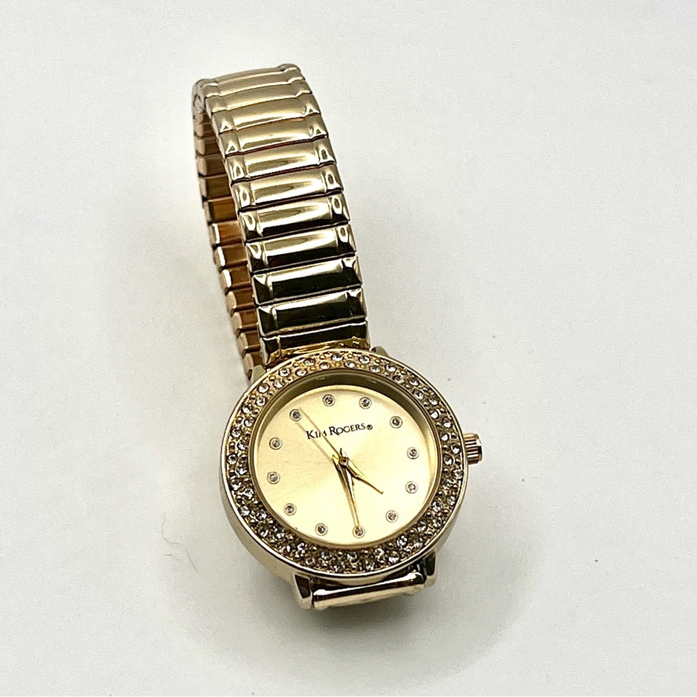 Kim Rogers Gold Stretch Bracelet Watch with Crystal Bezel 6.5" New Battery - Picture 12 of 13